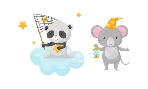 Panda Sitting on Soft Cloud Catching Stars with Net and Mouse in Bed Cap Holding Stock Illustration