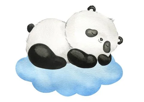 Panda sleeping on a cloud hand drawn in watercolor panda isolated on a white Stock Illustration