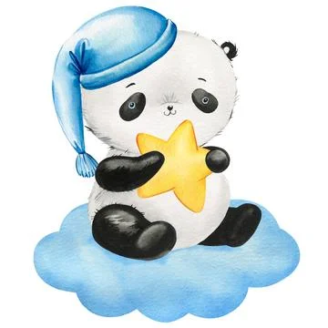 Panda sleeping on a cloud with star hand drawn in watercolor panda isolated on a Stock Illustration