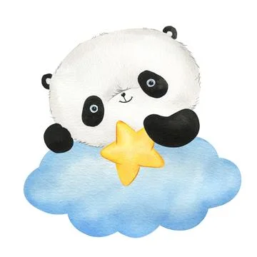 Panda sleeping on a cloud with star hand drawn in watercolor panda isolated on a Stock Illustration