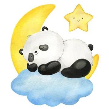 Panda sleeping on the moon hand drawn watercolor. Cute little panda isolated on Ilustração Stock