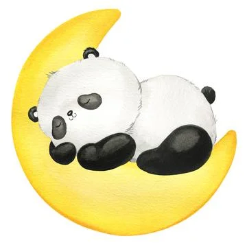 Panda sleeping on the moon hand drawn watercolor. Cute little panda isolated on Ilustração Stock