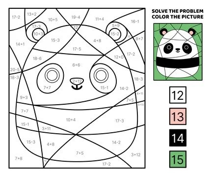 Panda. Solve the problem, color the picture. Addition, Subtraction Coloring book Stock Illustration