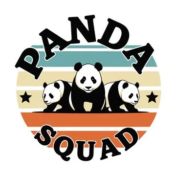 Panda squad logo with three adorable pandas and colorful stripes design tshirt Stock Illustration