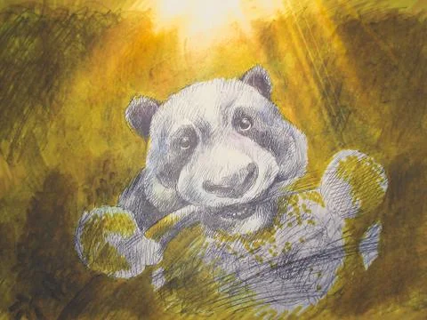Panda in the sunlight gnaws a branch Stock Illustration