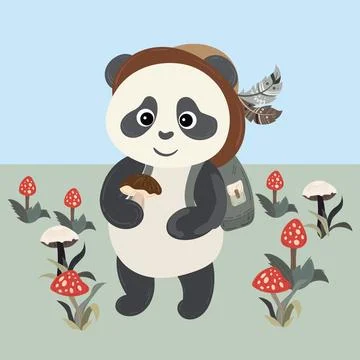 Panda teddy bear dressed in a bucket hat holding out a mushroom. Cute cartoon Stock Illustration