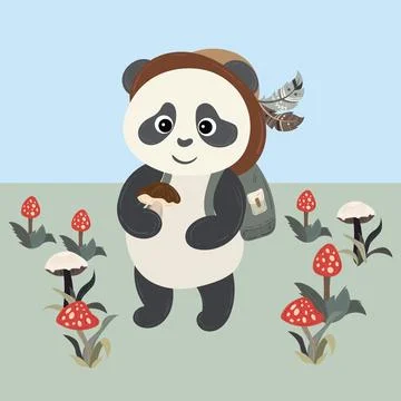 Panda teddy bear dressed in a bucket hat holding out a mushroom. Cute cartoon Stock Illustration