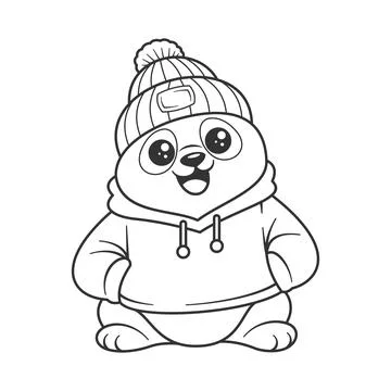 Panda wearing a jacket and head warmer for coloring Stock Illustration