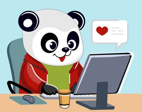 Panda Work Chat Computer Animal Technology Cartoon Stock Illustration