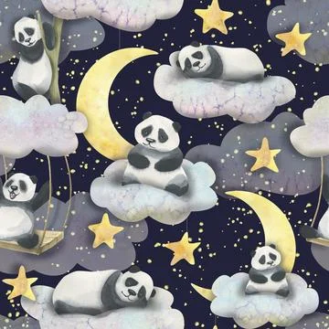 Pandas on the clouds and on a swing in the sky with stars and the moon on a dark Stock Illustration
