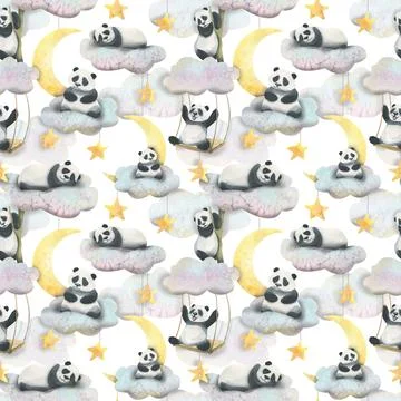 Pandas on the clouds and on a swing in the sky with stars and the moon on a Stock Illustration