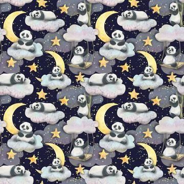 Pandas on the clouds and on a swing in the sky with stars and the moon on a dark Stock Illustration