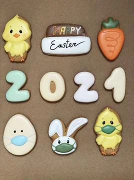 Pandemic Easter banner. Happy Easter 2021. Quarantine holiday celebrations Stock Photos