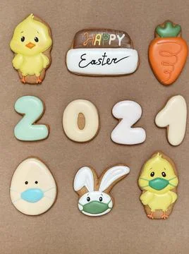Pandemic Easter banner. Happy Easter 2021. Quarantine holiday celebrations Stock Photos