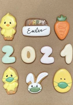 Pandemic Easter banner. Happy Easter 2021. Quarantine holiday celebrations Stock Photos