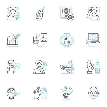 Pandemic intervention linear icons set. Quarantine, Isolation, Contact tracing Stock-Illustration
