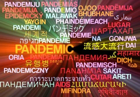 Pandemic multilanguage wordcloud background concept glowing Stock Illustration