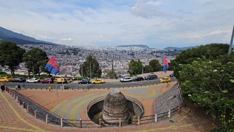 Panecillo Viewing Circle with Colourful Paving over Quito, El Panecillo, Ecuador Stock Footage 331496185