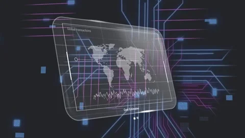Panel appearing faint, rendering map and wave, emitting neon, streaming nodes Stock Footage 333893979