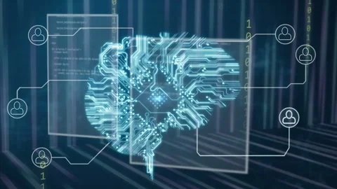 Panel appearing, traces radiating and forming glowing brain, lines linking Stock Footage 334337871