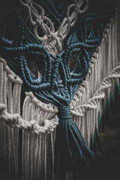 Panel of blue and white macrame on a decorative branch in nature Stock Photos