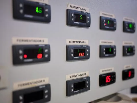 Panel of a brewery machine indicating fermentation number Stock Photos