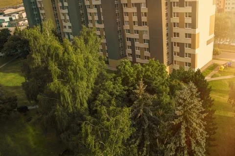 Panel building and surrounding park in summer. Fotos de archivo