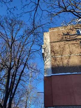 Panel building with bare trees in winter Stock Photos