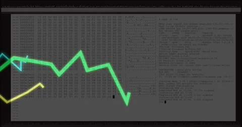 Panel fading in starting neon lines animating across terminal, showing hex logs Stock Footage 329453478