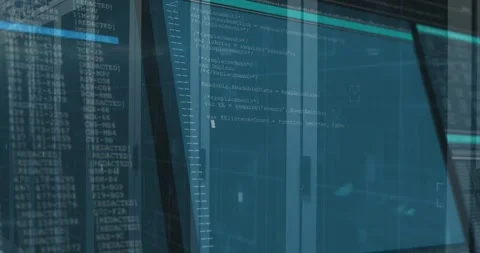 Panel fading into view, displaying scrolling JavaScript code over server racks Stock Footage 317119202