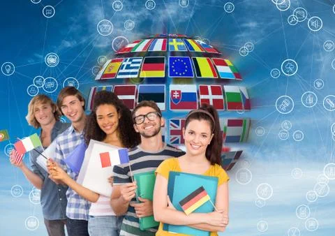 Panel with flags in a ball an connections with students with flags 스톡 사진