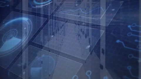Panel grid appearing crowd walking atrium, animated code and pulsing radar Stock Footage 333903118
