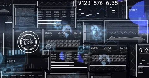 Panel grid starting filling with numbers, gauge updating, globes rotating for Vidéo 328657126