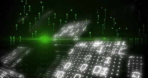 Panel grids lighting by binary streams cascading and green flare scanning to Stock Footage 309681471