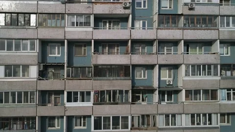 Panel house close-up. Winter flights over poor areas of a big city. Stock Footage 146954989