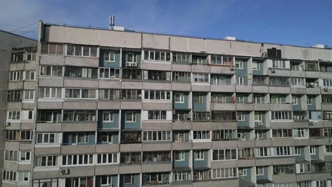 Panel house close-up. Winter flights over poor areas of a big city. Stock Footage 146955011