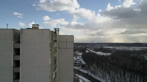 Panel house close-up. Winter flights over poor areas of a big city. Stock Footage 146955269
