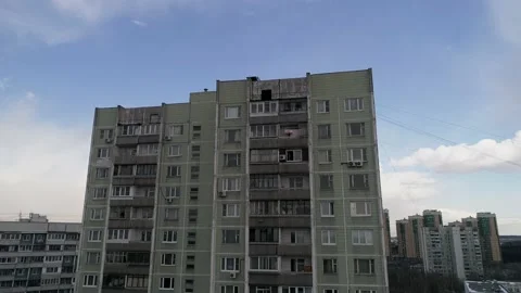 Panel house close-up. Winter flights over poor areas of a big city. Stock Footage 146955764