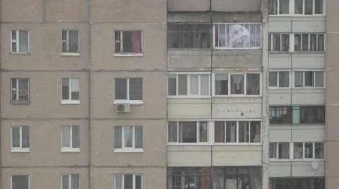 Panel house, moving out of the window curtains Stock Footage 64569217