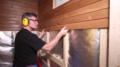 Panel installing, sauna wall, pneumatic nailer Video stock 57194811
