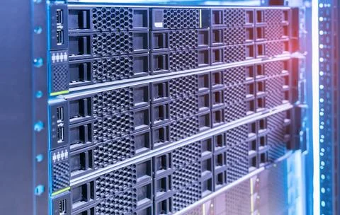 Panel of modern servers in the data center Stock Photos