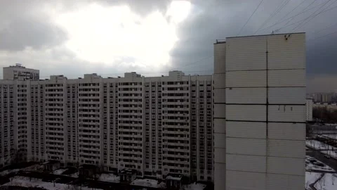 Panel old multistoried houses with floating clouds. Timelapse motionlapse. Video stock 150573829