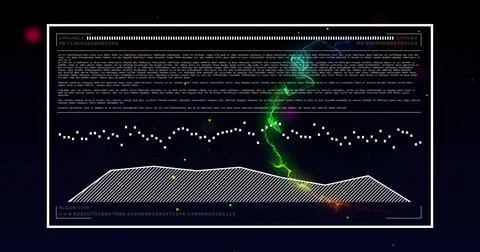 Panel presenting text, data points, striped graph, neon stream and VARIABLE Stock Illustration
