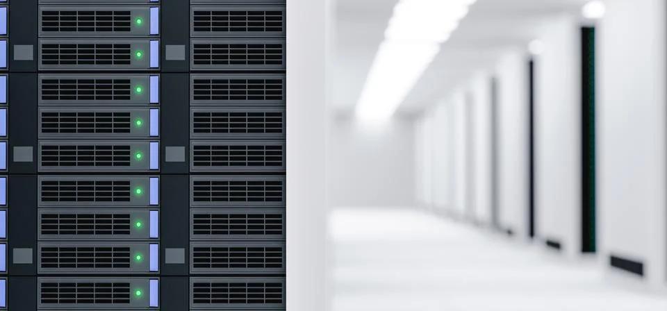 Panel of server rack in data center. 3d render Illustrazione stock