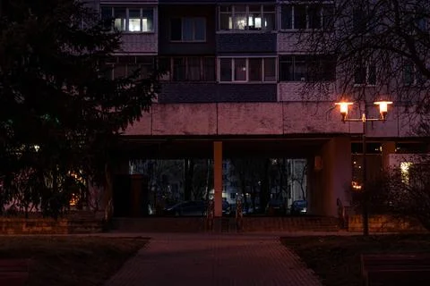Panel, Soviet, multi-storey house in the evening in Minsk Stock Photos