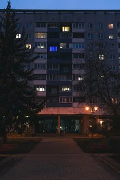 Panel, Soviet, multi-storey house in the evening in Minsk Stock Photos