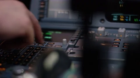 Panel of switches on an aircraft flight deck. Autopilot control element of an Video stock 81910797