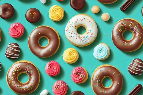 Panel texture with realistic icons of children's sweets, donuts, cupcake, ice Stock Illustration