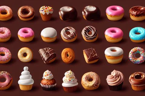 Panel texture with realistic icons of children's sweets, donuts, cupcake, ice Stock Illustration