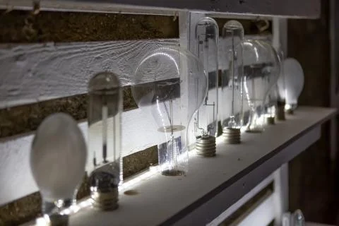 Panel view with various types of electric lamp, led light Stock Photos